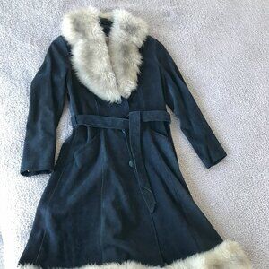 70's Vintage Navy Blue Suede Princess Coat Acetate Lining, Matching Belt Sz S